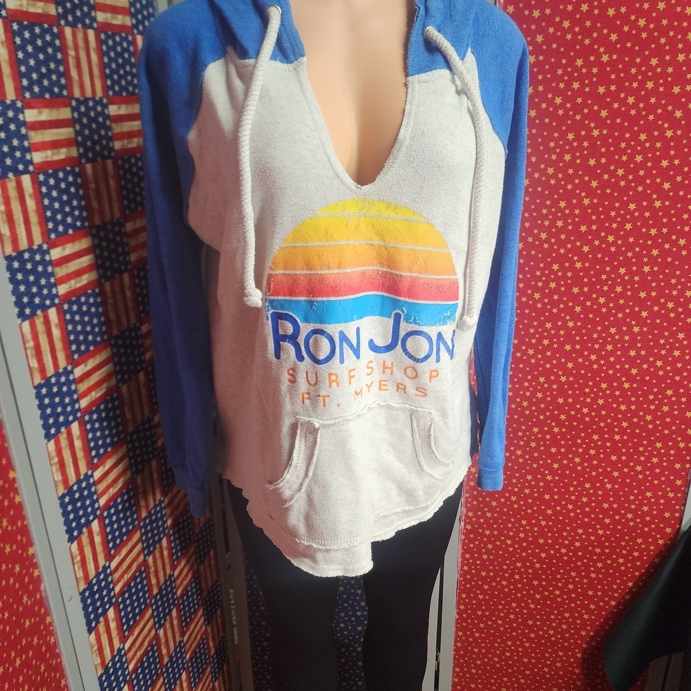 **Ron Jon Surf Shop Gray Hoodie with Blue Lining and Yellow Graphic**